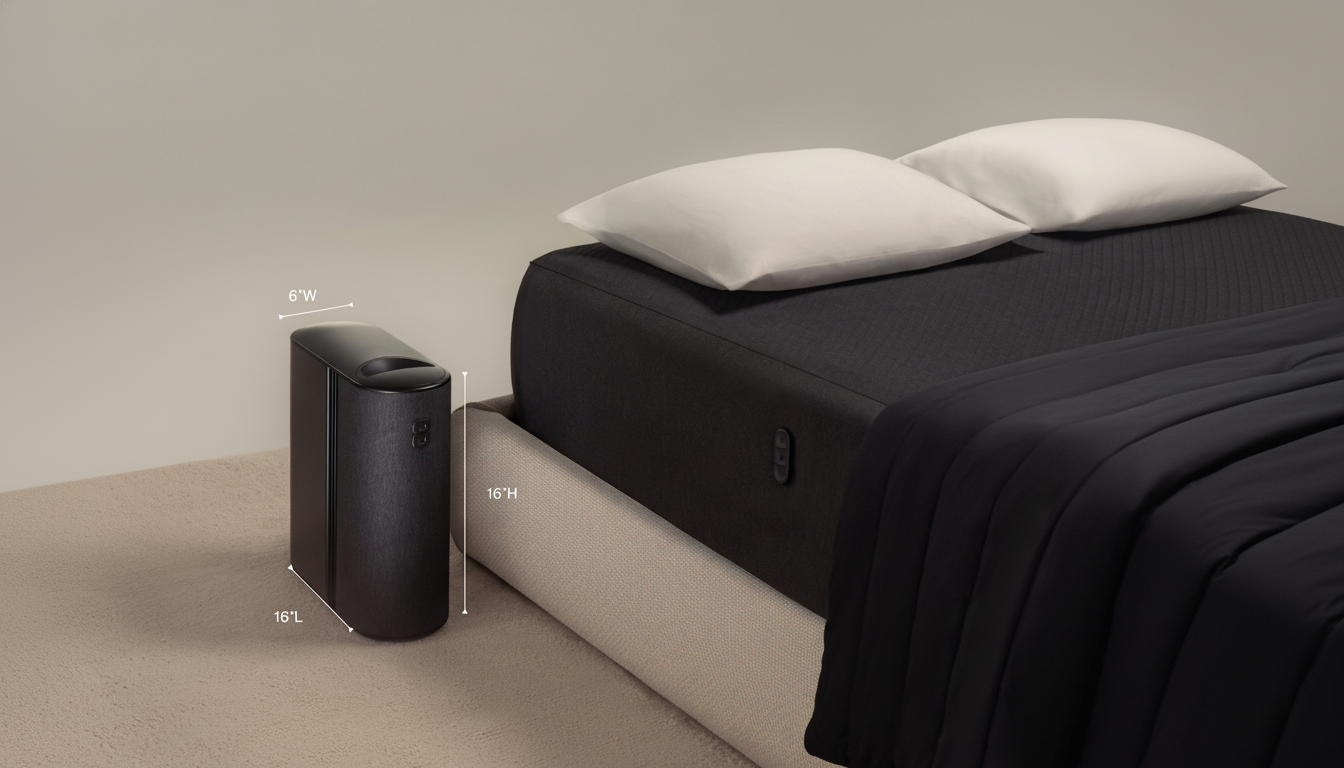 A dark gray rectangular air purifier with rounded edges and dimensions 6 W , 16 H, and 16 L, stands next to a bed with a dark gray mattress, white pillows , and a dark gray blanket. The background is a plain light gray wall and a light beige carpet .