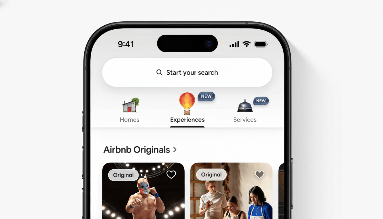 An iPhone displaying the Airbnb app , showing the Experiences tab selected , with listings for Airbnb Originals below .
