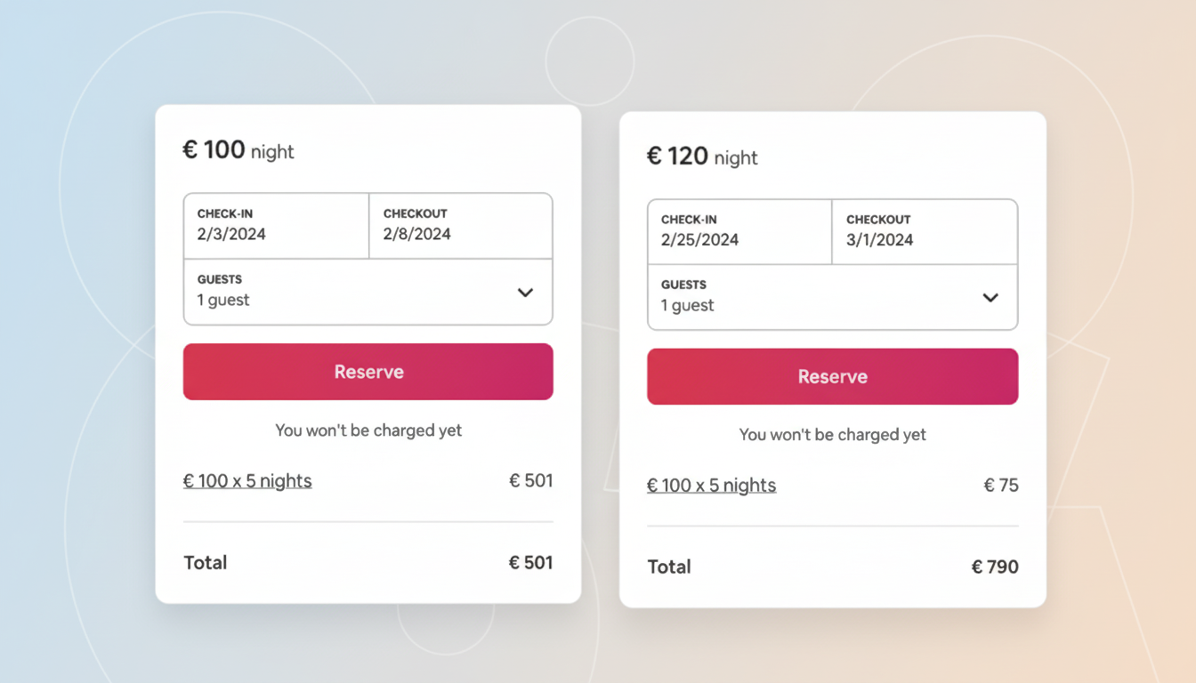 A professional enhancement of two Airbnb-style booking cards, resized to a 16:9 aspect ratio. The background features a subtle, flat design with soft gradients and abstract patterns, while the booking cards themselves remain unchanged.