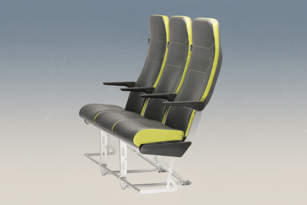 A professional image of three modern aircraft seats, upholstered in gray and lime green, presented on a subtle gray gradient background with faint geometric patterns. Filename : aircraftseats professional.png