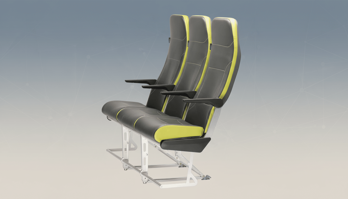 A professional image of three modern aircraft seats, upholstered in gray and lime green, presented on a subtle gray gradient background with faint geometric patterns. Filename : aircraftseats professional.png