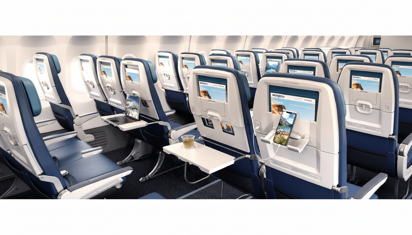 An interior view of an airplane cabin with blue and white seats, showing entertainment screens, a laptop, and a smartphone.