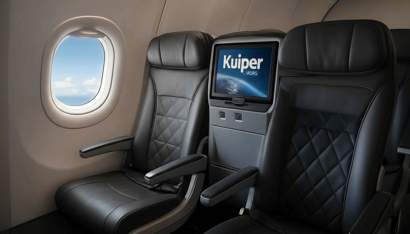 An interior view of an airplane cabin showing two rows of black leather seats and a window with a blue sky visible outside . One seatback features an entertainment screen displaying the Kuiper by V ias at logo.