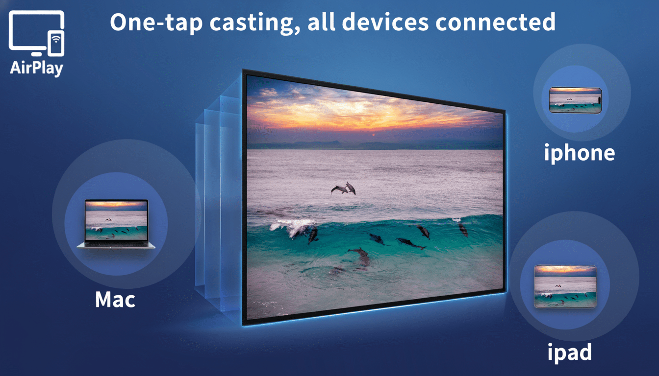 A professional graphic showcasing AirPlay casting , with a large TV displaying a sunset and dolphins , flanked by a Mac laptop , iPhone , and iPad, all connected and displaying the same image.