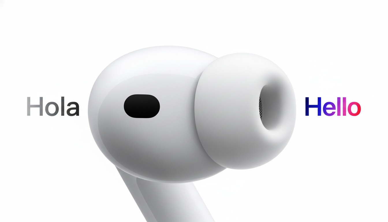 An Apple Air Pod Pro with the word Hola in gray on the left and Hello in blue and red gradient on the right, against a white background .