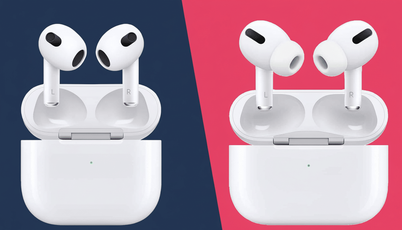A split image showing two white AirPods cases open with their respective earbuds inside. The left side features AirPods 3 on a dark blue background, w