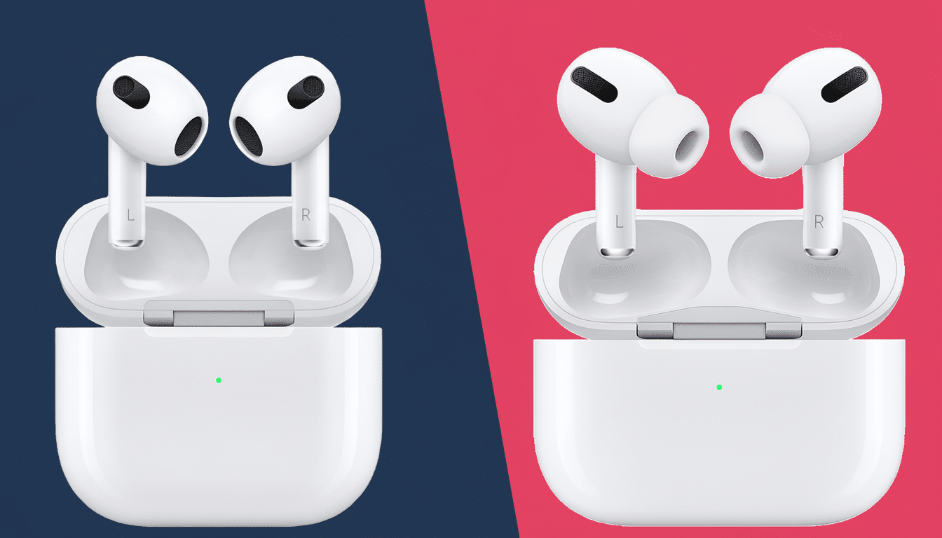 A split image comparing AirPods 3rd generation and AirPods Pro, each in their open charging case, against a split blue and red background.
