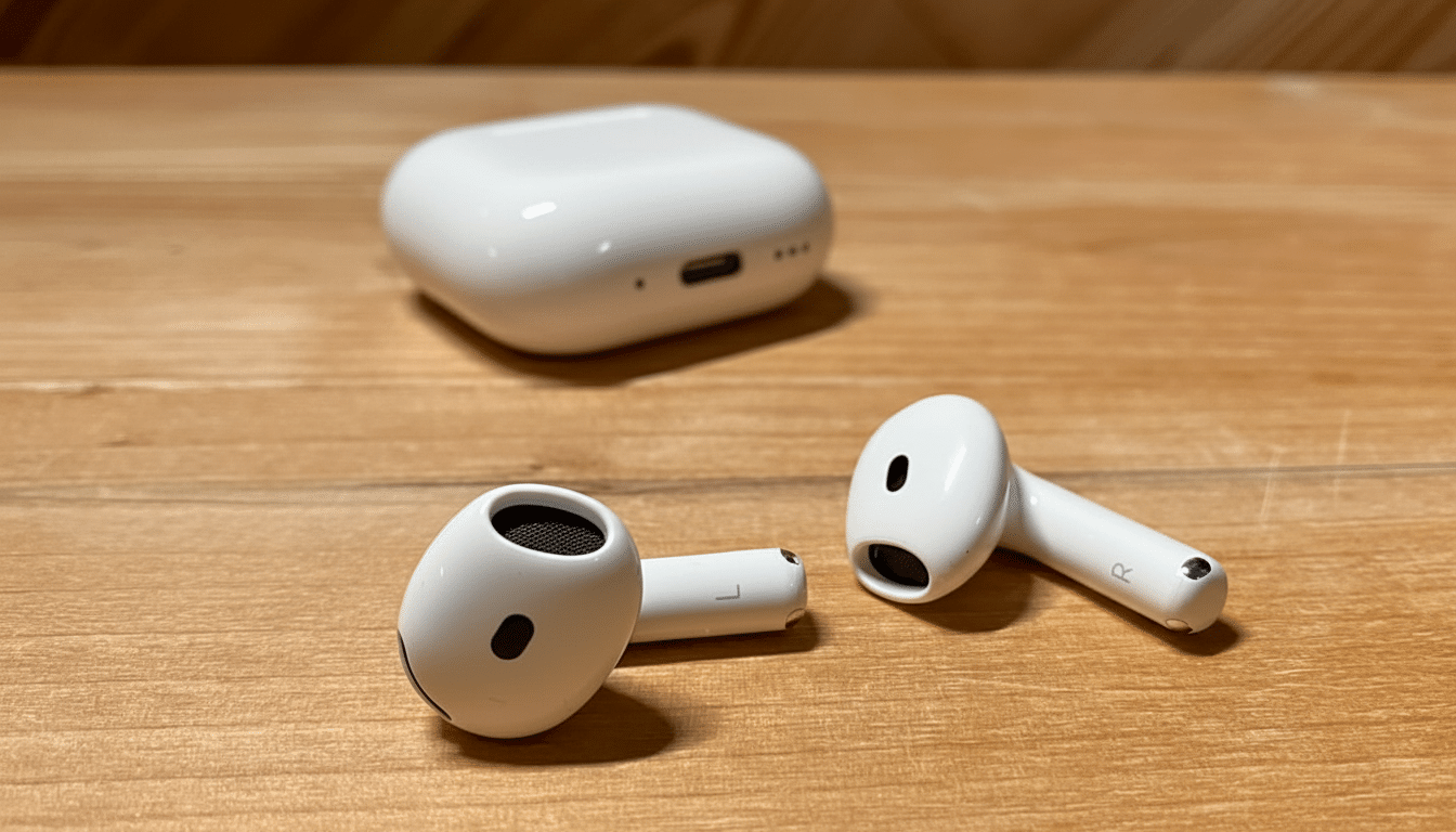 White Apple AirPods ( 3 rd generation) and their charging case resting on a wooden surface.