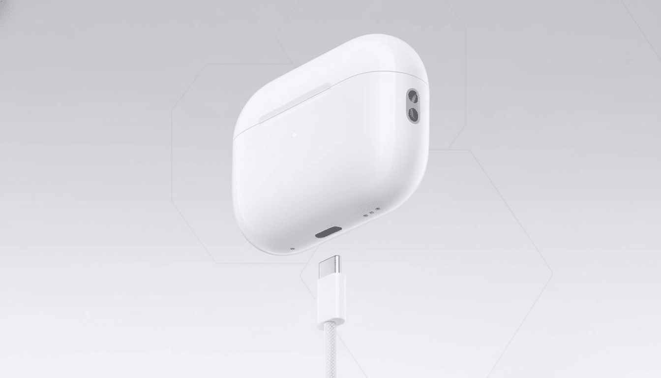 White Apple AirPods case with a USB-C charging cable plugged into the bottom, set against a light gray background with subtle geometric patterns.
