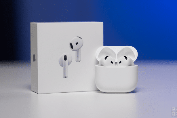 Apple AirPods 3rd generation in their charging case, with the product box behind, set against a blue and white background.