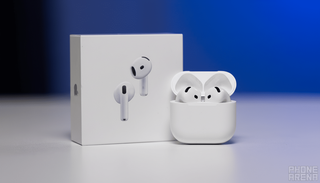 Apple AirPods 3rd generation in their charging case, with the product box behind, set against a blue and white background.