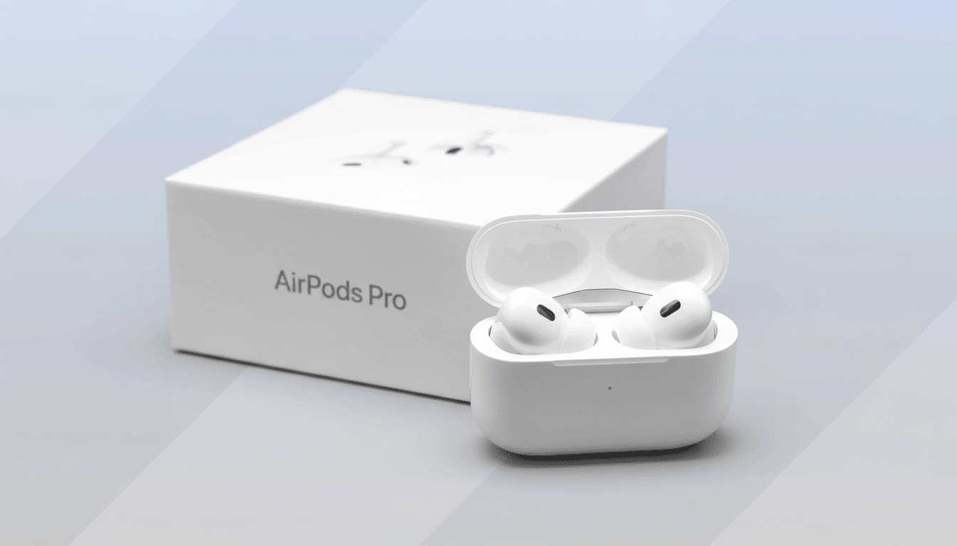 A pair of Apple AirPods Pro in their open charging case, with the product box slightly blurred in the background, all set against a clean, professiona