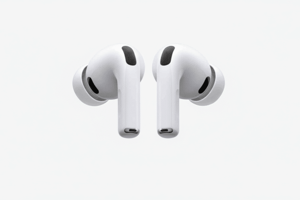 A pair of white AirPods Pro earbuds displayed against a professional flat design background with a subtle gradient.
