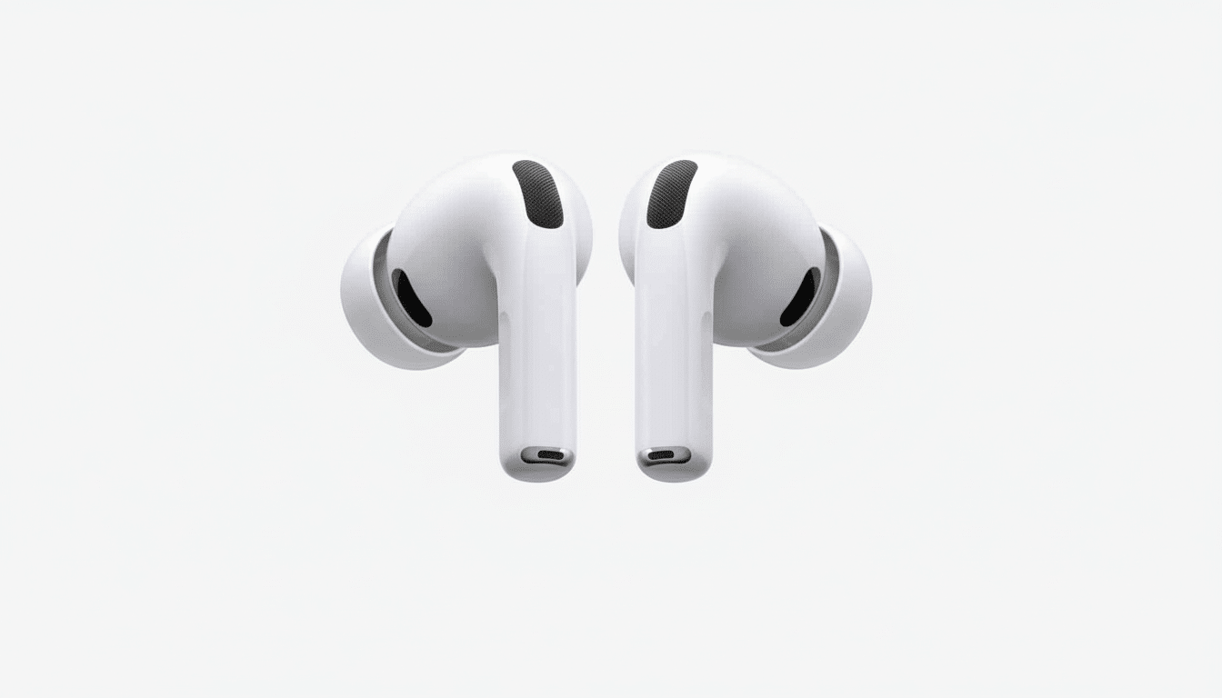 A pair of white AirPods Pro earbuds displayed against a professional flat design background with a subtle gradient.