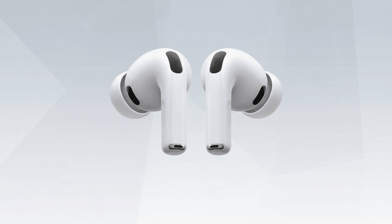 A pair of white AirPods Pro earbuds displayed against a light gray background with a subtle geometric pattern.