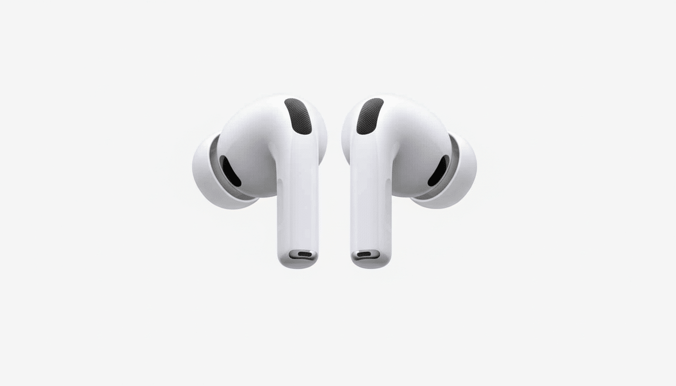 A pair of white AirPods Pro earbuds with black accents, shown against a professional flat white background with soft, subtle gray gradient patterns in