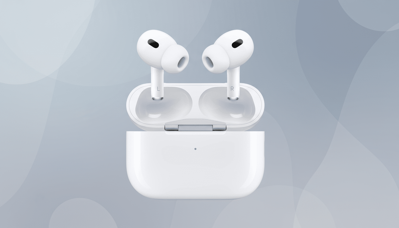 A pair of white Apple AirPods Pro ( 2nd generation) earbuds resting in their open charging case, set against a professional grey background with subtle , soft circular patterns.