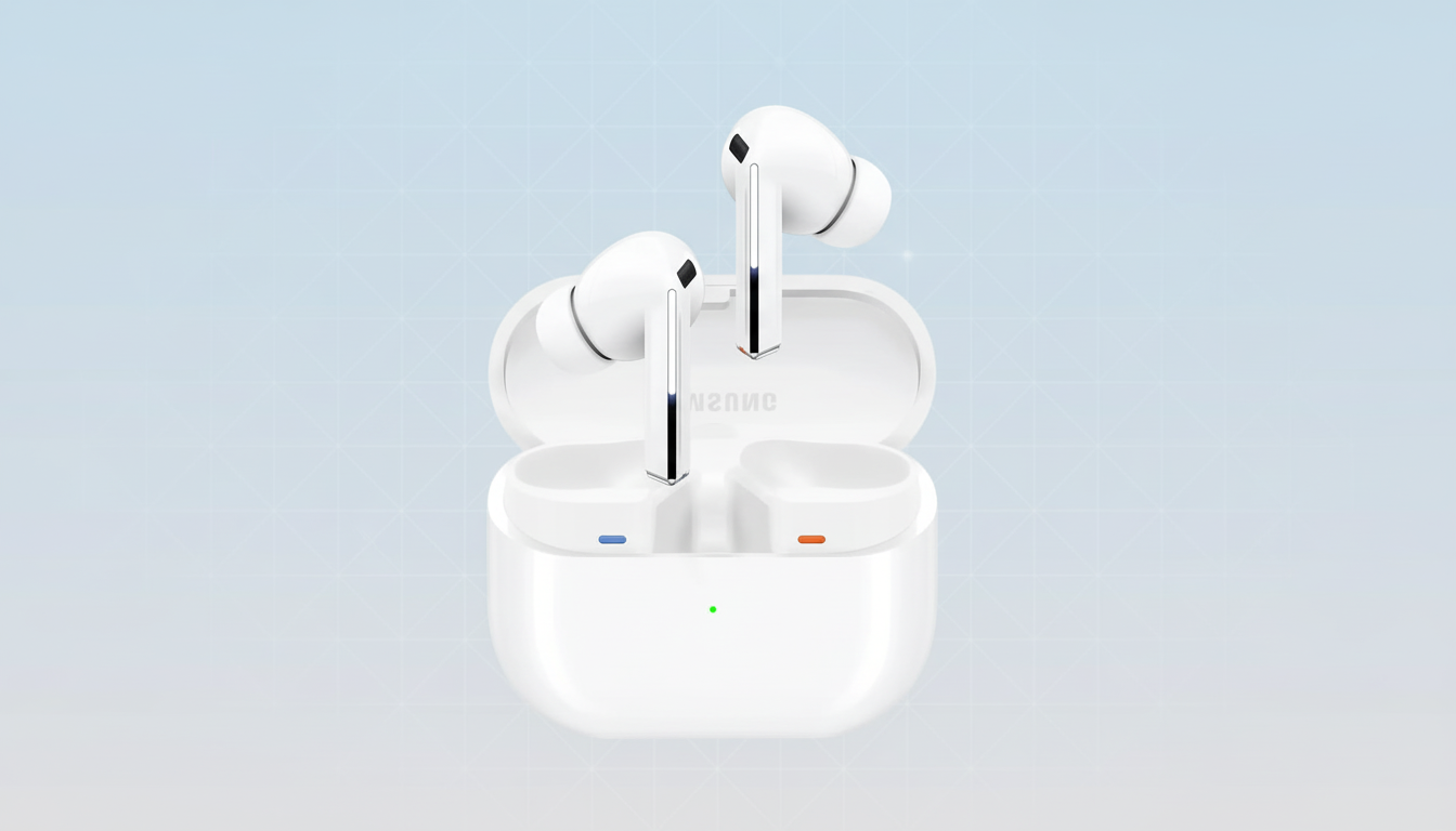 A pair of white wireless earbuds in their open charging case, presented on a professional light blue background with a subtle grid pattern.