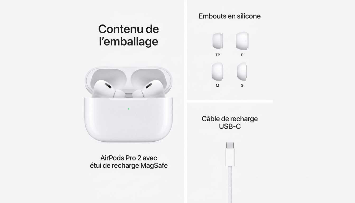 An image showing the contents of the AirPods Pro 2 packaging , including the AirPods Pro 2 with MagSafe charging case , four sizes of silicone ear tips ( XS , S, M , L), and a USB-C charging cable.