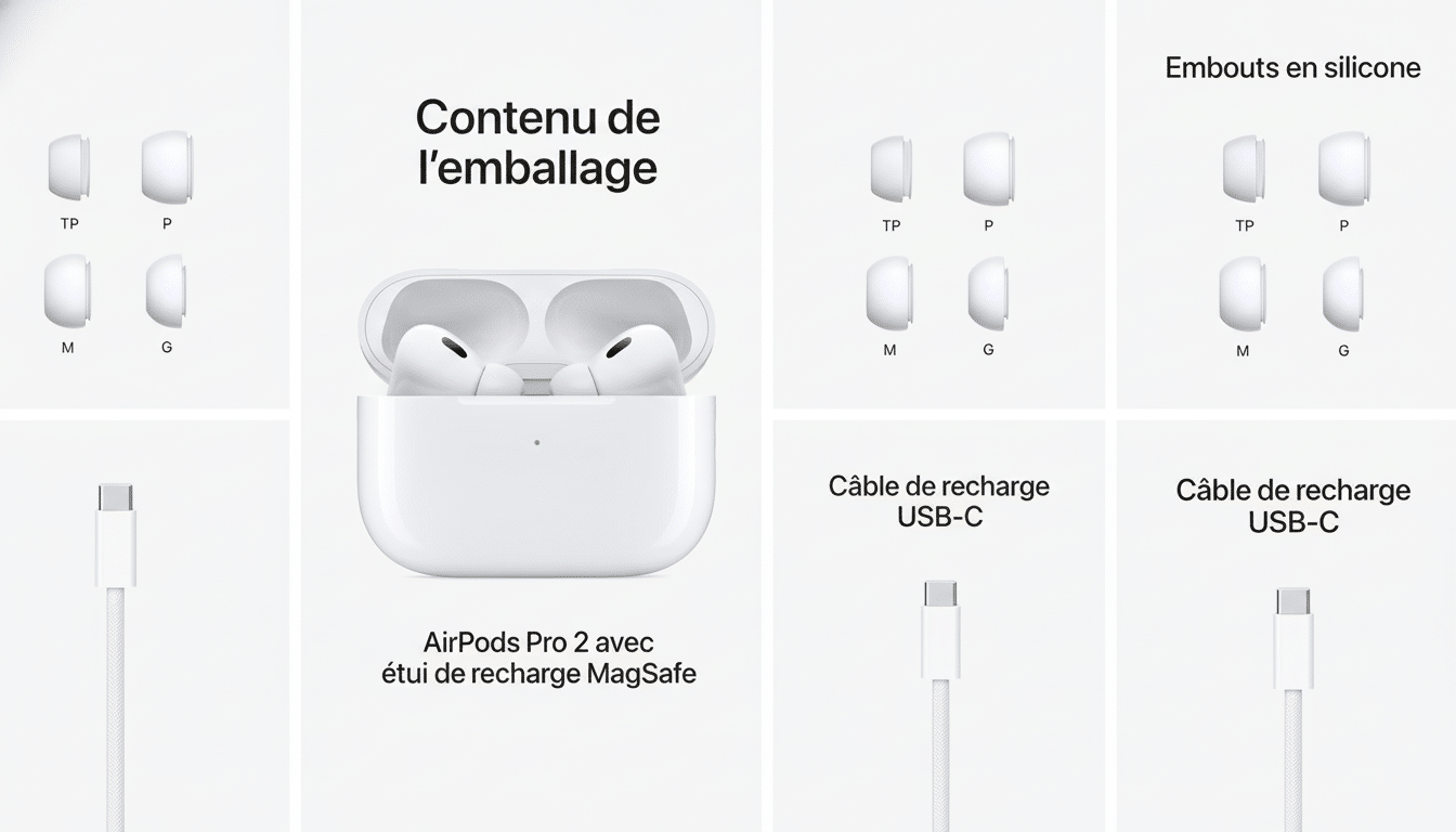 An image showing the contents of the AirPods Pro 2 packaging , including the AirPods Pro 2 with MagSafe charging case , four sizes of silicone ear tips ( XS , S, M , L), and a USB-C charging cable, all against a clean white background.