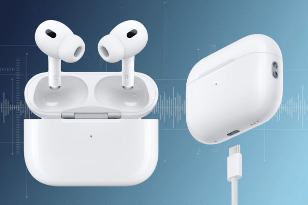 A professional 16: 9 image of white AirPods Pro 2 with their charging case, and a white USB-C charging cable, against a clean blue gradient background