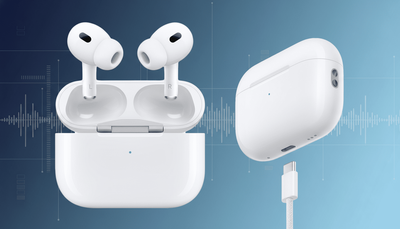 A professional 16: 9 image of white AirPods Pro 2 with their charging case, and a white USB-C charging cable, against a clean blue gradient background