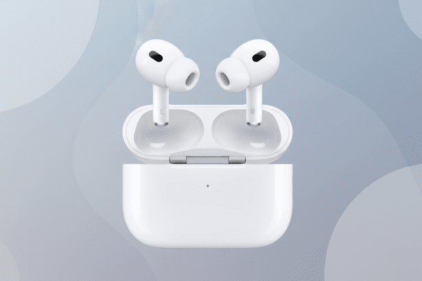 A pair of white AirPods Pro earbuds resting in their open charging case, presented against a professional flat design background with soft gray and blue gradients and subtle organic patterns .