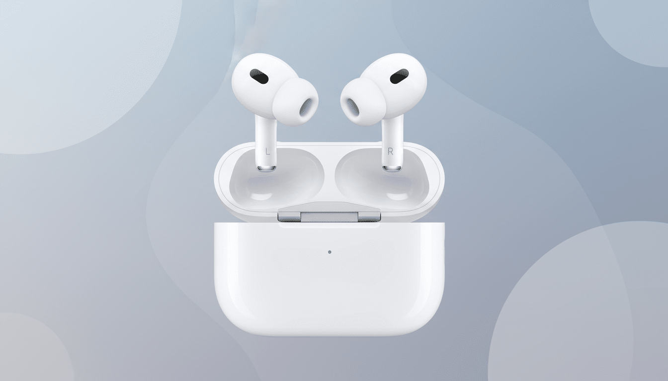 A pair of white AirPods Pro earbuds resting in their open charging case, presented against a professional flat design background with soft gray and blue gradients and subtle organic patterns .