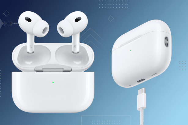 A pair of white Apple AirPods Pro 2 in their open charging case, alongside the closed case and a USB-C charging cable, all set against a clean, professional blue gradient background with subtle geometric patterns and sound wave graphics .