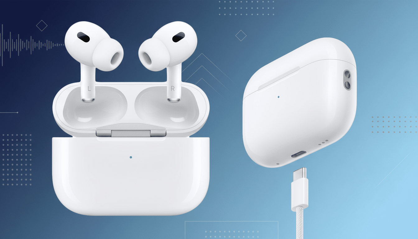 A pair of white Apple AirPods Pro 2 in their open charging case, alongside the closed case and a USB-C charging cable, all set against a clean, professional blue gradient background with subtle geometric patterns and sound wave graphics .