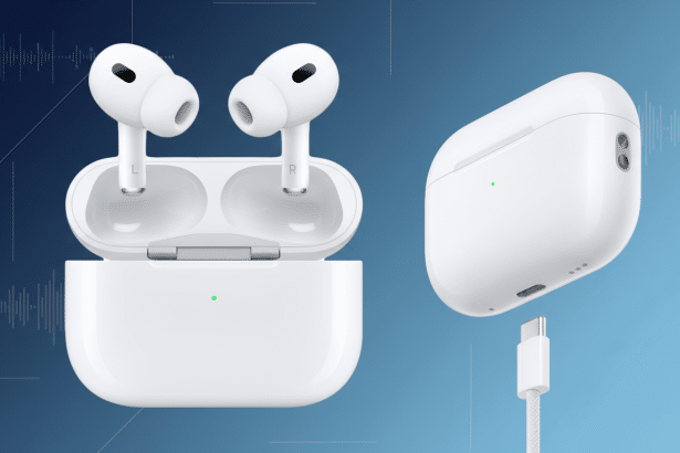 A professional image of white Apple AirPods Pro 2 nd generation, with the case open showing the earbuds and a separate view of the closed case with it