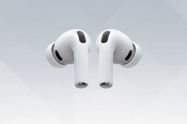 A pair of white wireless earbuds with black gr illes, presented on a professional flat design background with a soft gradient and subtle geometric pat