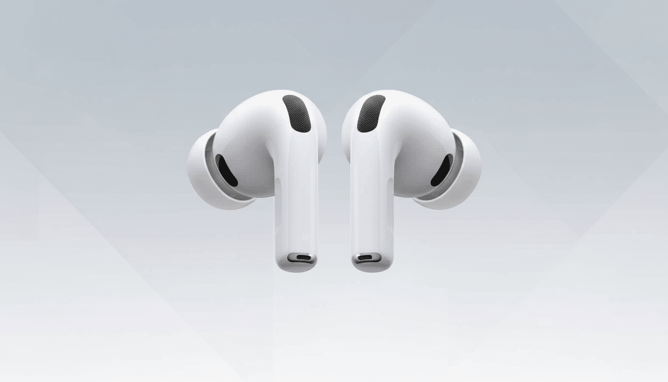 A pair of white wireless earbuds with black gr illes, presented on a professional flat design background with a soft gradient and subtle geometric pat