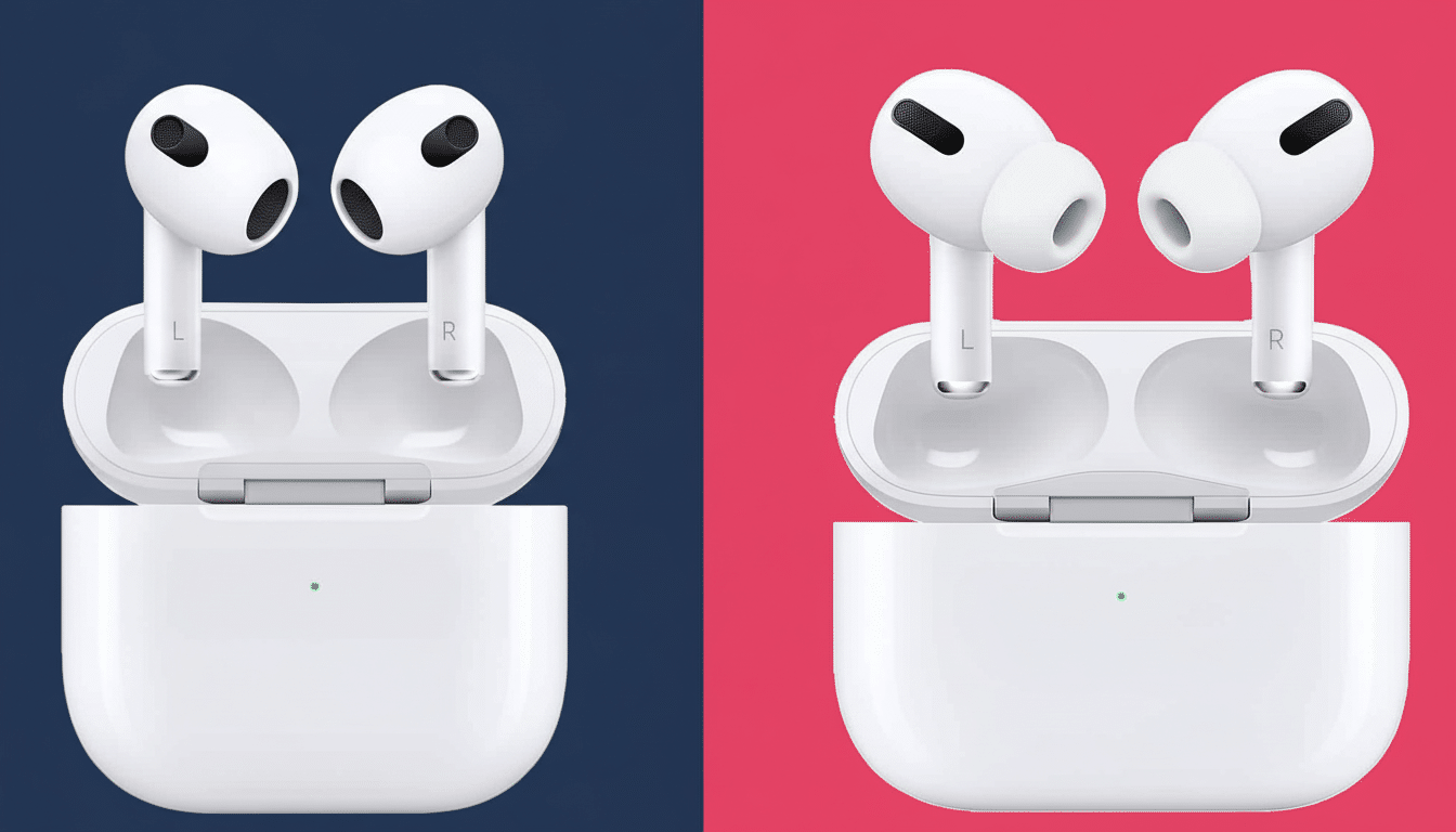 A side-by- side comparison of two white AirPods charging cases with their respective earbuds inside, against a split background of dark blue and pink.