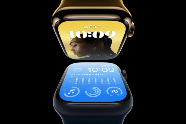 Two Apple Watches, one gold and one blue, with displays showing time and health metrics, against a black background. The gold watch shows a persons fa