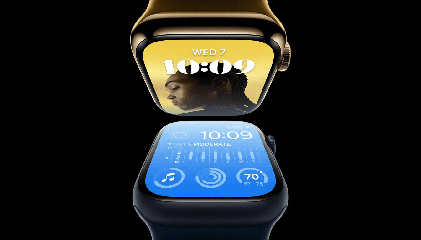 Two Apple Watches, one gold and one blue, with displays showing time and health metrics, against a black background. The gold watch shows a persons fa