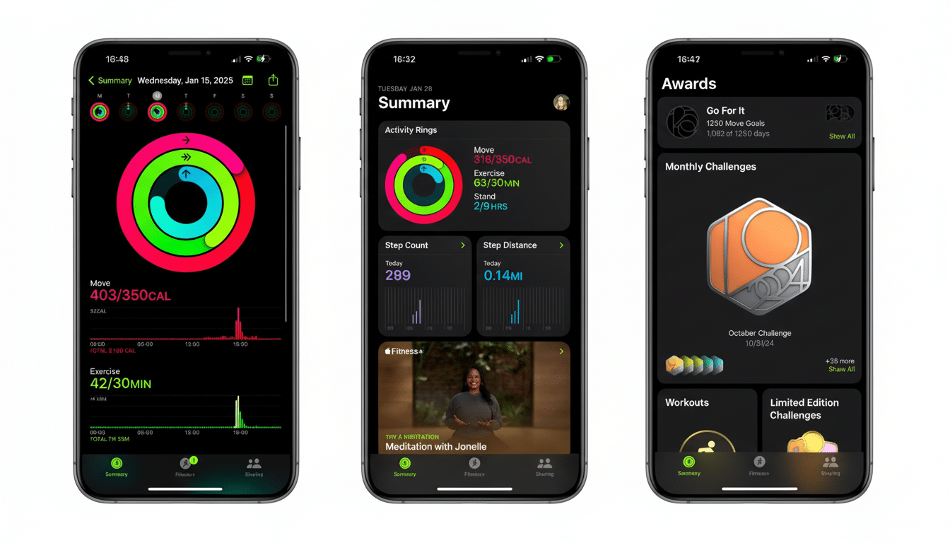 A professional, enhanced image of three iPhone screens displaying the Apple Fitness app. The screens show activity rings, workout summaries, and award