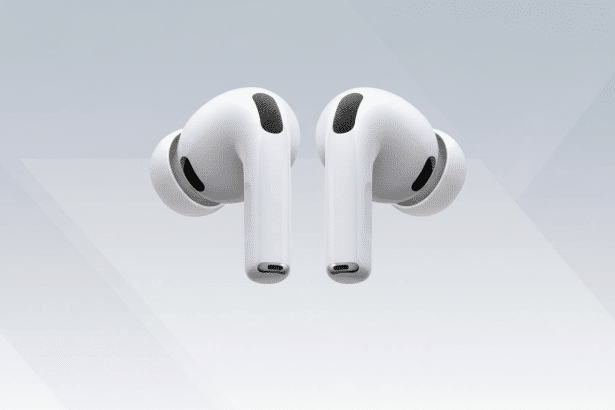 A pair of white AirPods Pro earbuds displayed against a soft gradient background with subtle geometric patterns.