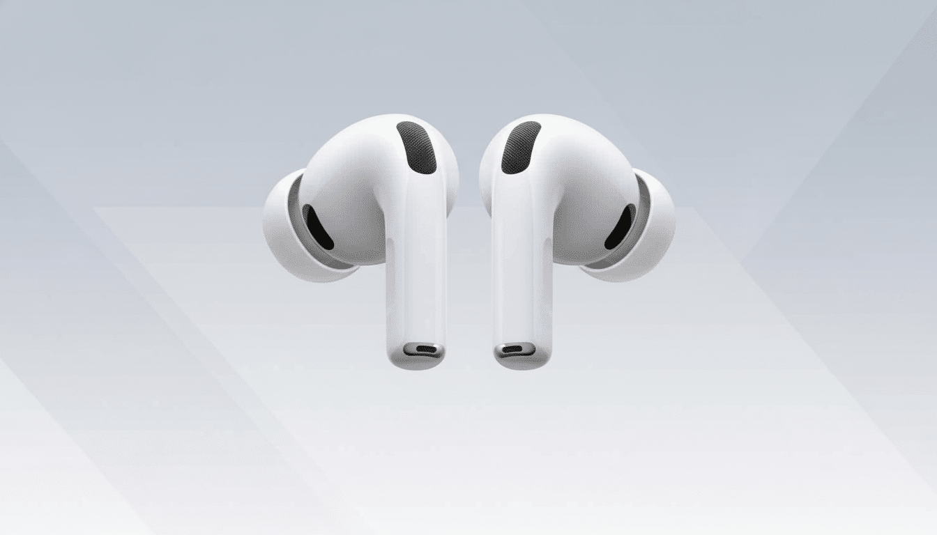 A pair of white AirPods Pro earbuds displayed against a soft gradient background with subtle geometric patterns.