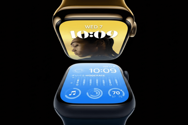 Two Apple Watches, one gold and one blue, with displays showing time and health metrics, on a black background.