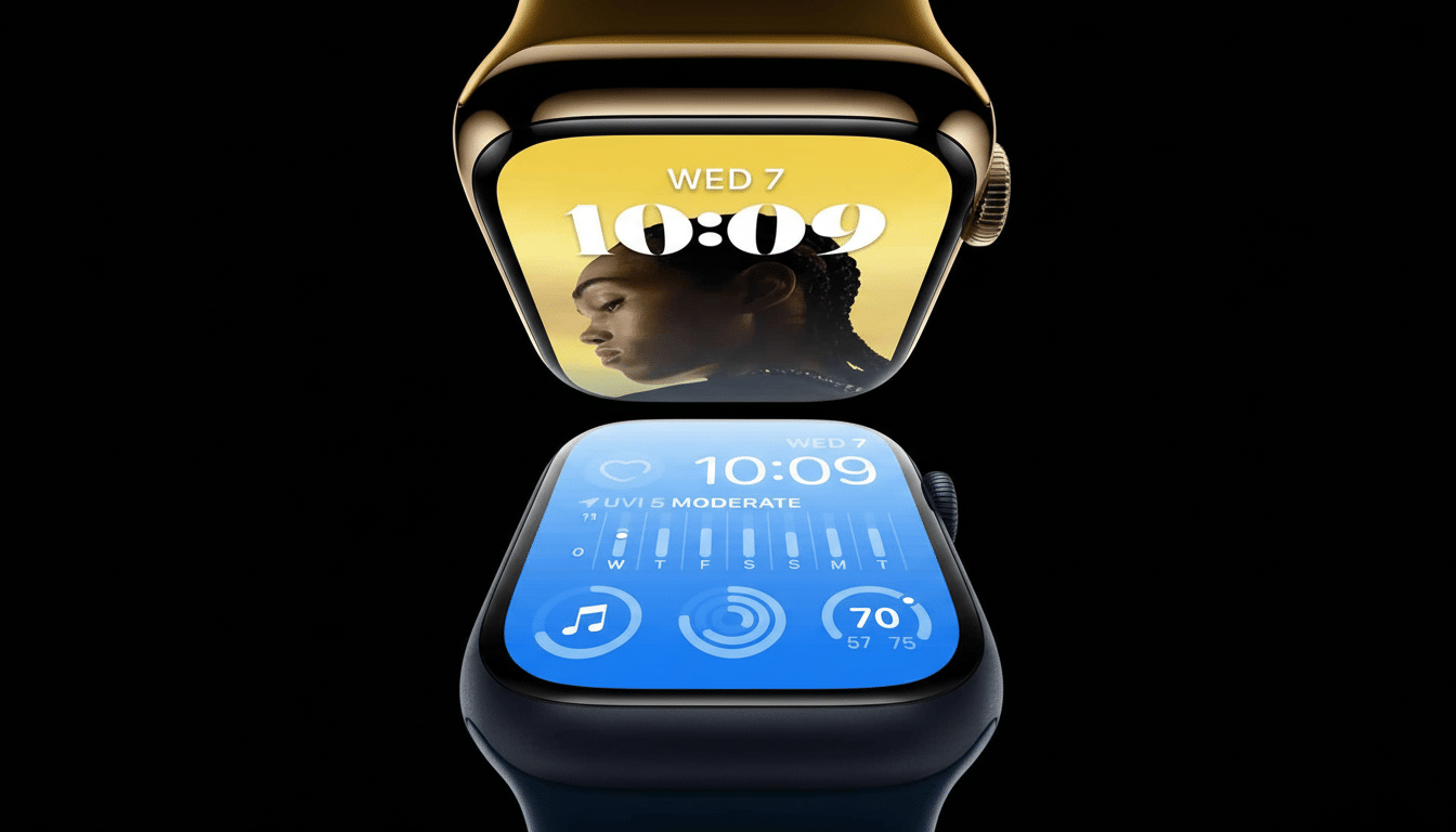 Two Apple Watches, one gold and one blue, with displays showing time and health metrics, on a black background.
