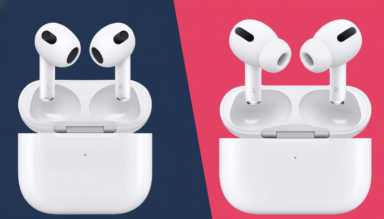 A side -by-side comparison of AirPods 3rd generation and AirPods Pro, both in their open charging cases against a split background of dark blue and pi