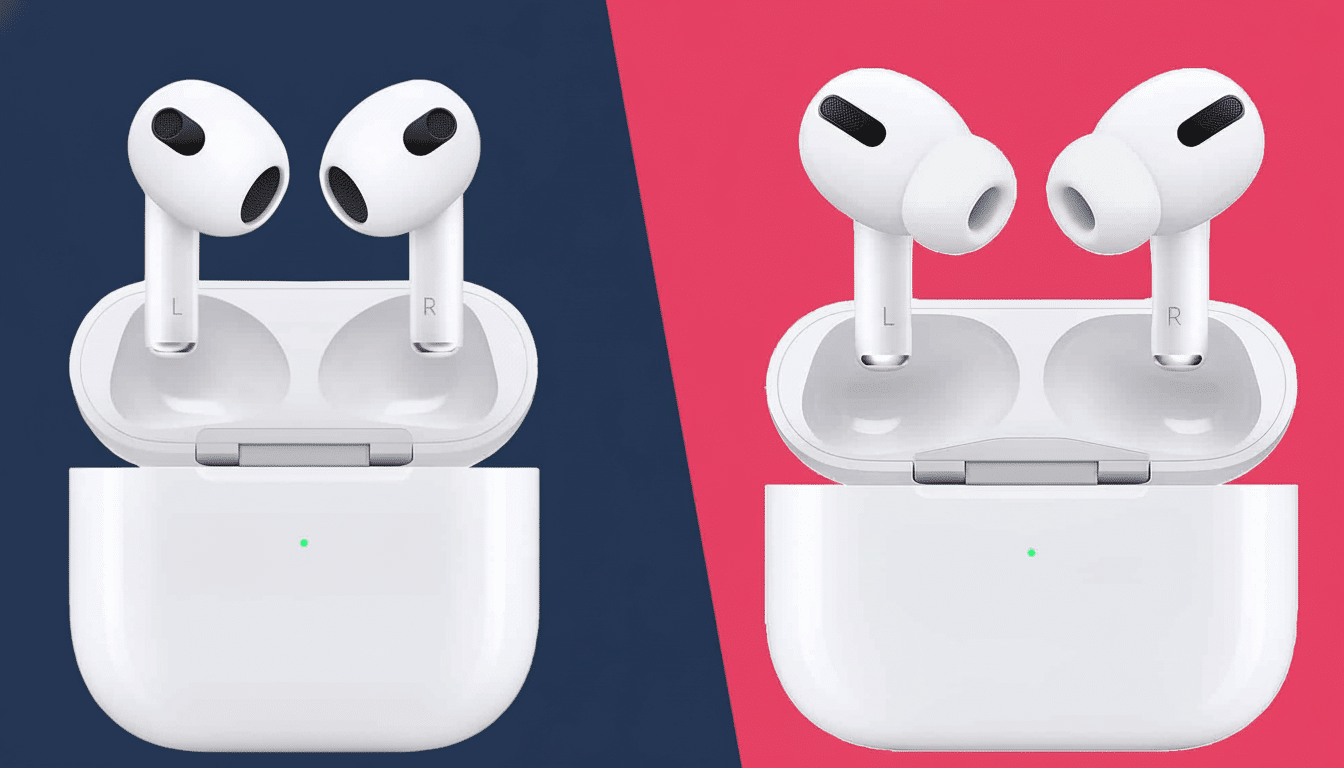 A side -by-side comparison of AirPods 3 and AirPods Pro in their charging cases on a split red and blue background.