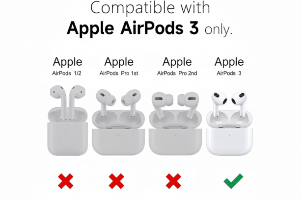 A professional comparison image of four Apple AirPods models, showing compatibility with AirPods 3 only, on a flat, subtle gradient background.