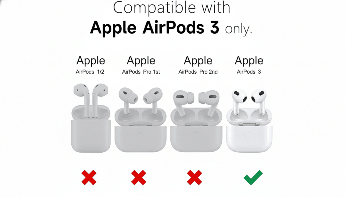 A professional comparison image of four Apple AirPods models, showing compatibility with AirPods 3 only, on a flat, subtle gradient background.