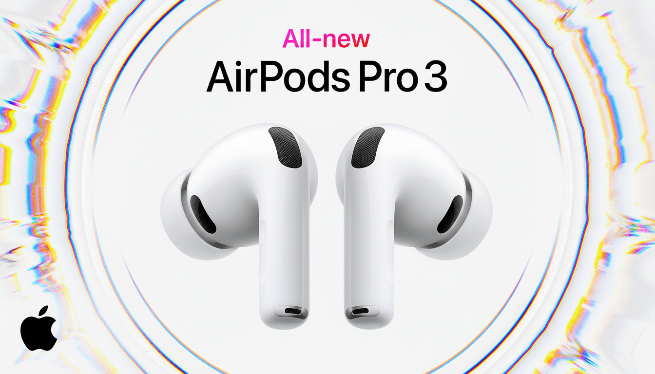An advertisement for the  All-new AirPods Pro 3 with two white earbuds displayed prominently on a white background with subtle , distorted ring patterns and an Apple logo in the bottom left corner .