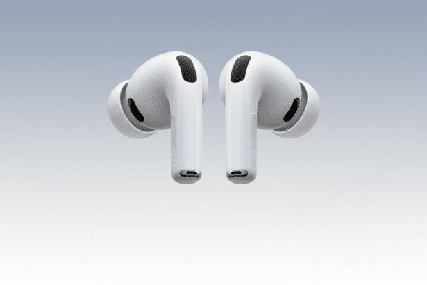 Air Pods Pro earbuds against a gradient background.