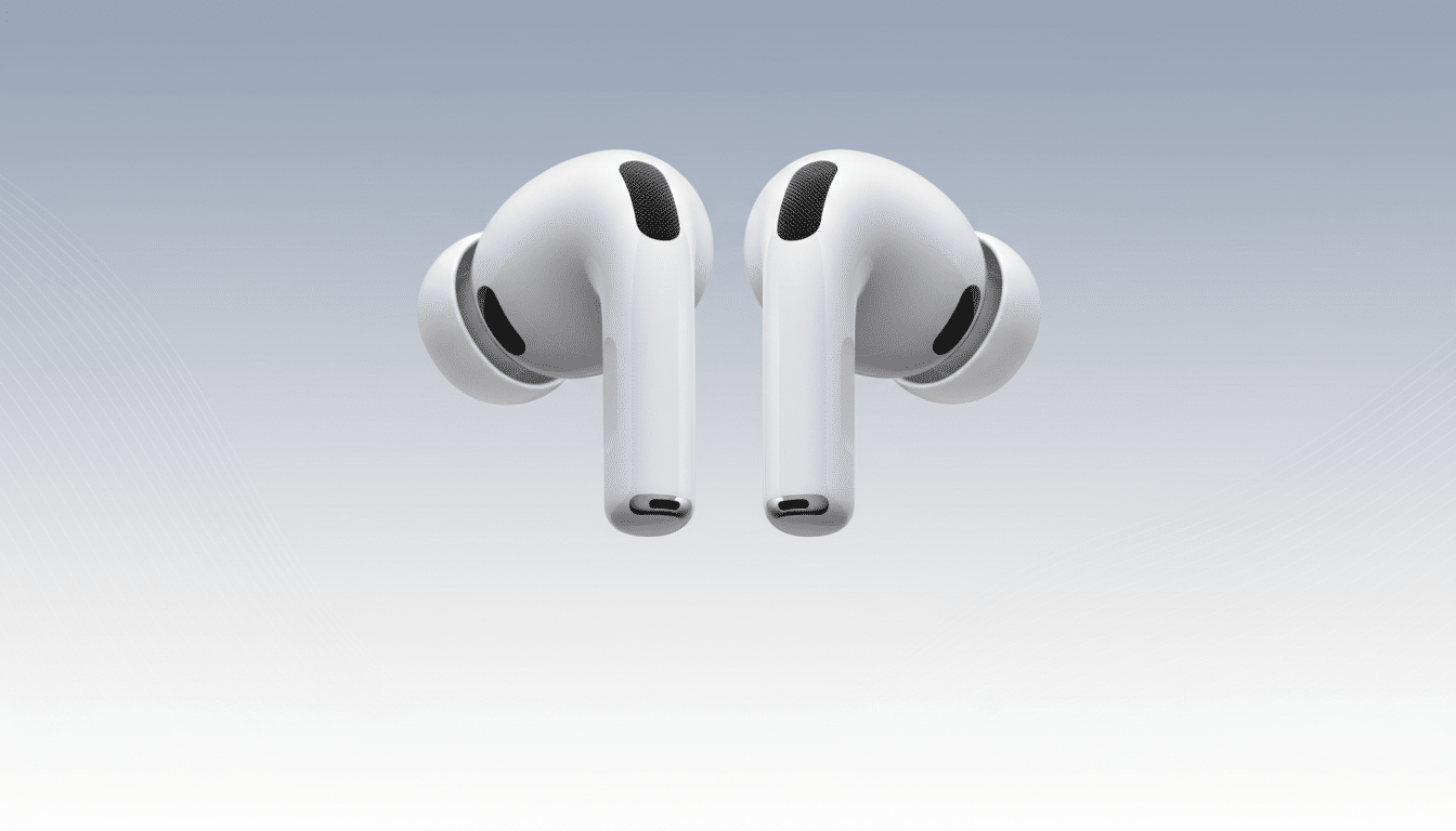 Air Pods Pro earbuds against a gradient background.