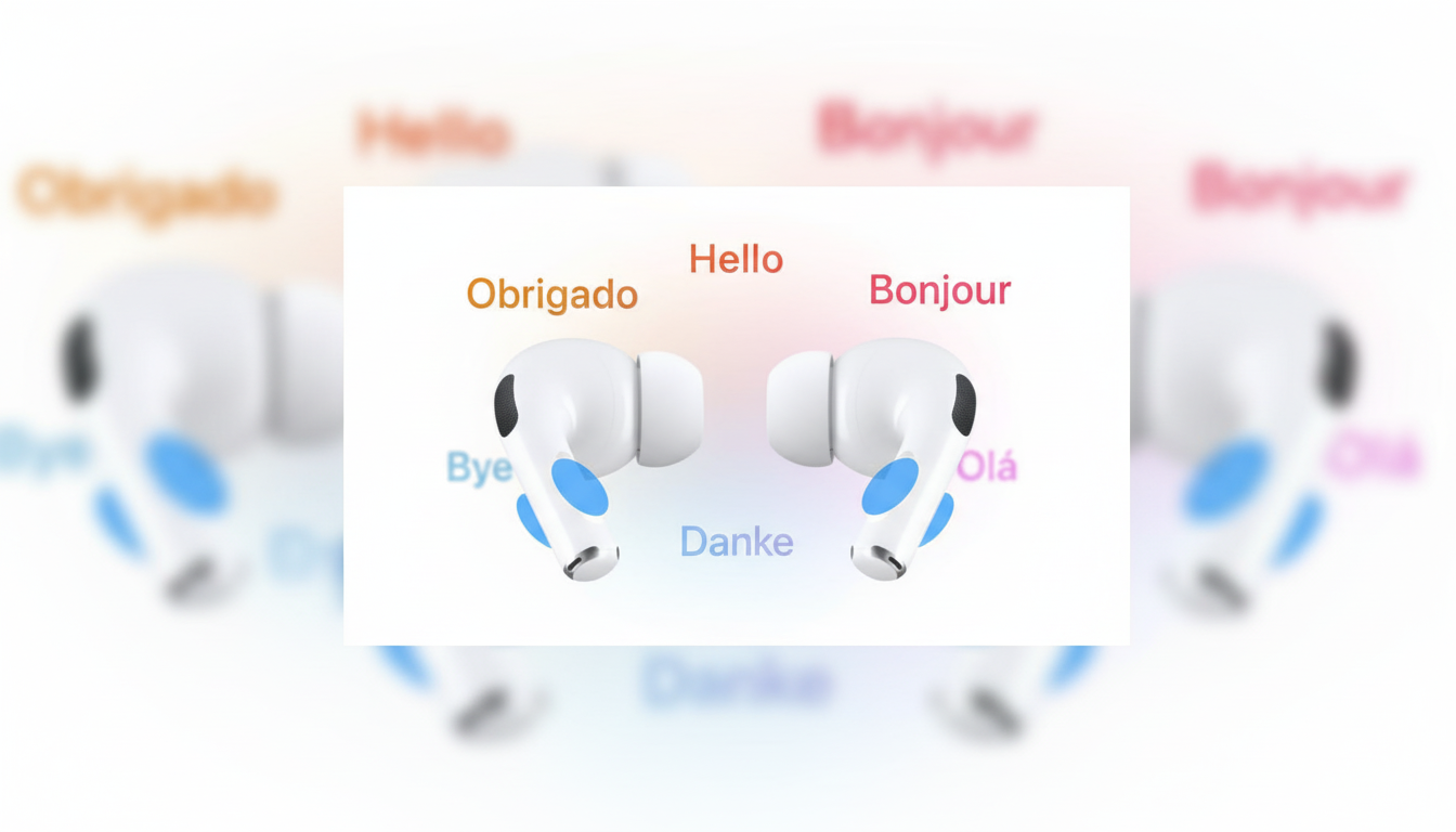 A pair of white AirPods Pro earbuds with blue touch controls, surrounded by words like Hello, Obrigado, Bonjour, Bye, Olá , and Danke in various colors, set against a soft gradient background. Filename : airpods prolanguage translation.png