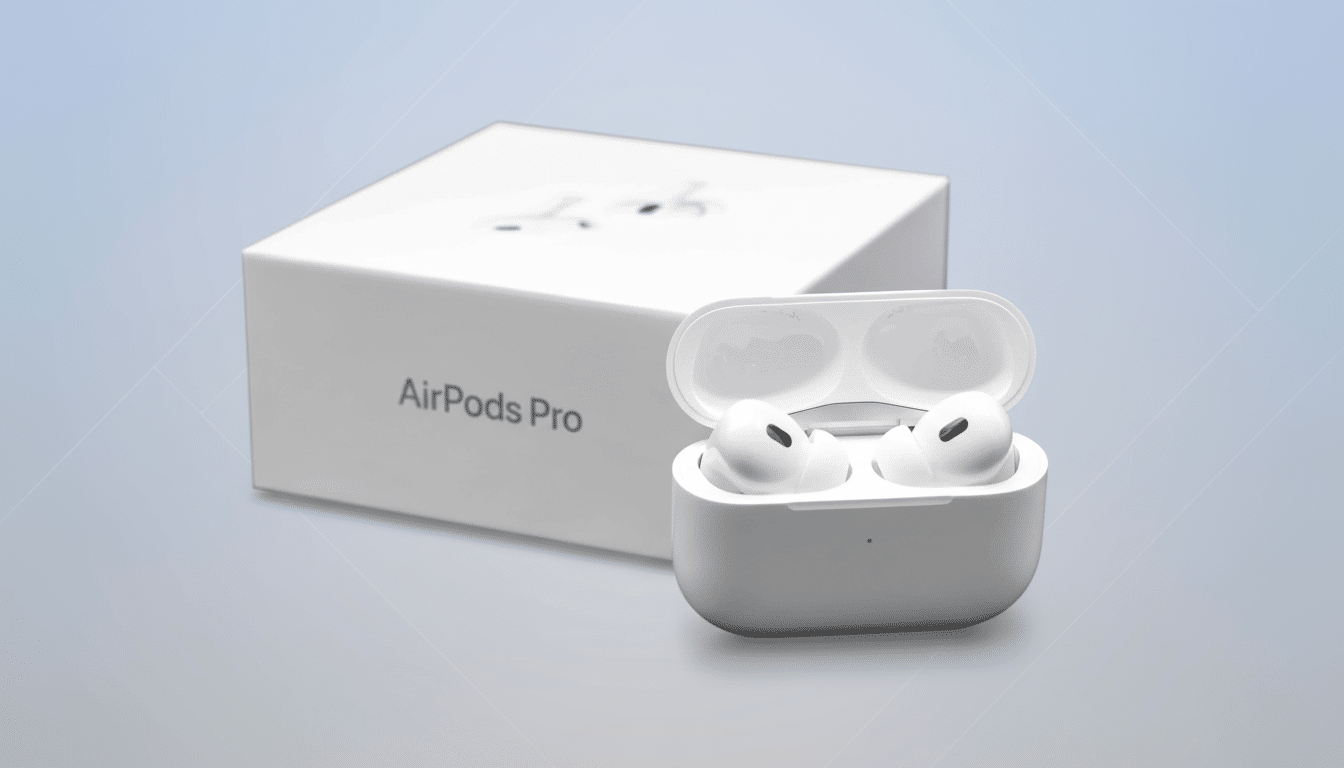 AirPods Pro earbuds in their open charging case, with the white product box slightly out of focus in the background, set against a professional flat d